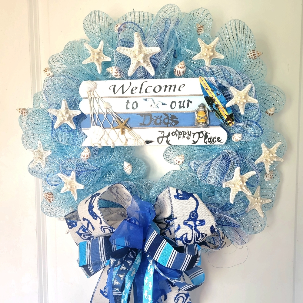 Dad Beach Wreath Nautical Seagull Starfish Father Deco Mesh Bow Coastal Blue